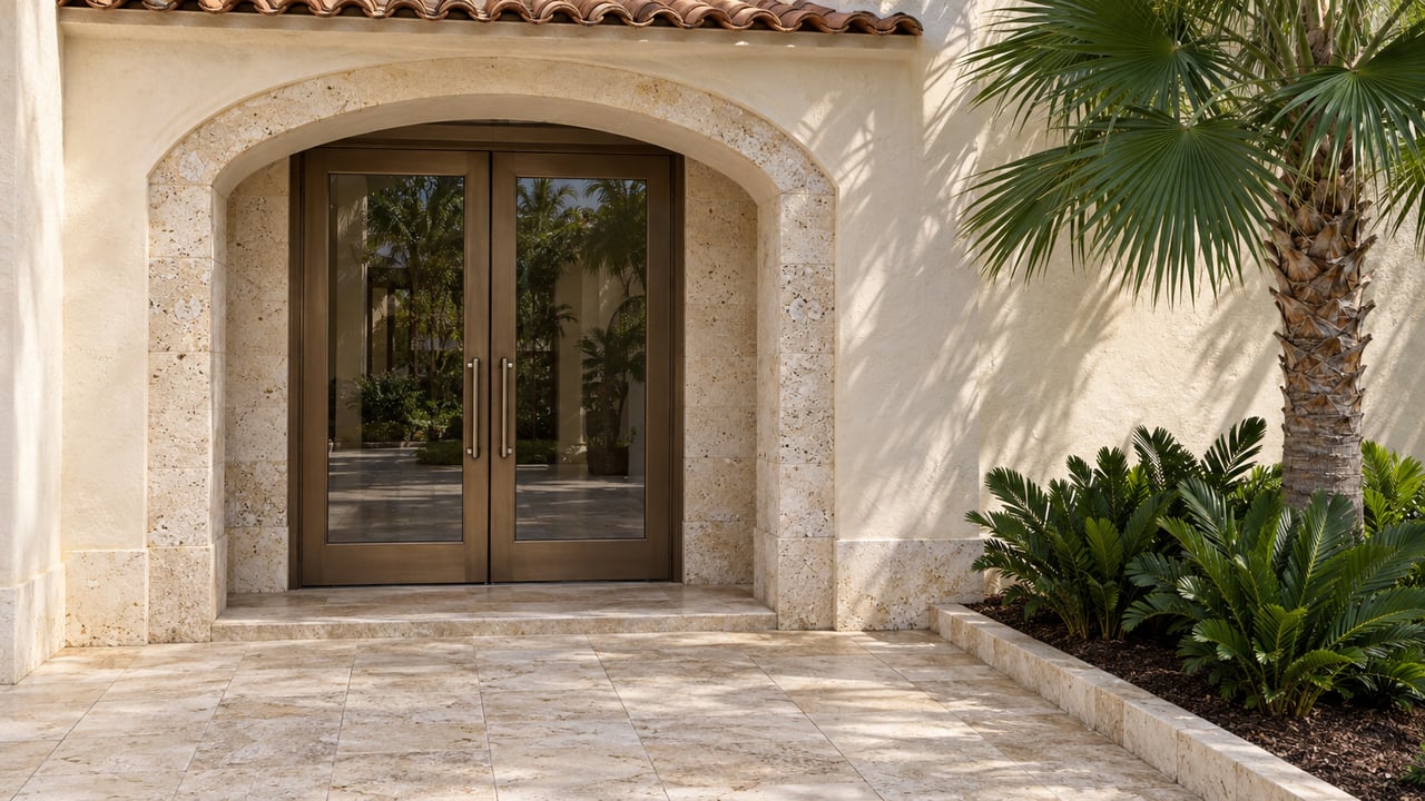 Sunlit cream stucco residential entrance with bronze double doors, coral limestone paving and a single fan palm.