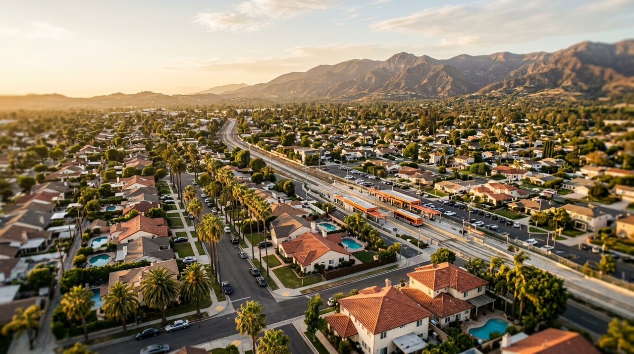 Aerial view of a San Fernando Valley residential street near a Metro G Line transit station, illustrating SB 79 transit-oriented upzoning effective July 1, 2026