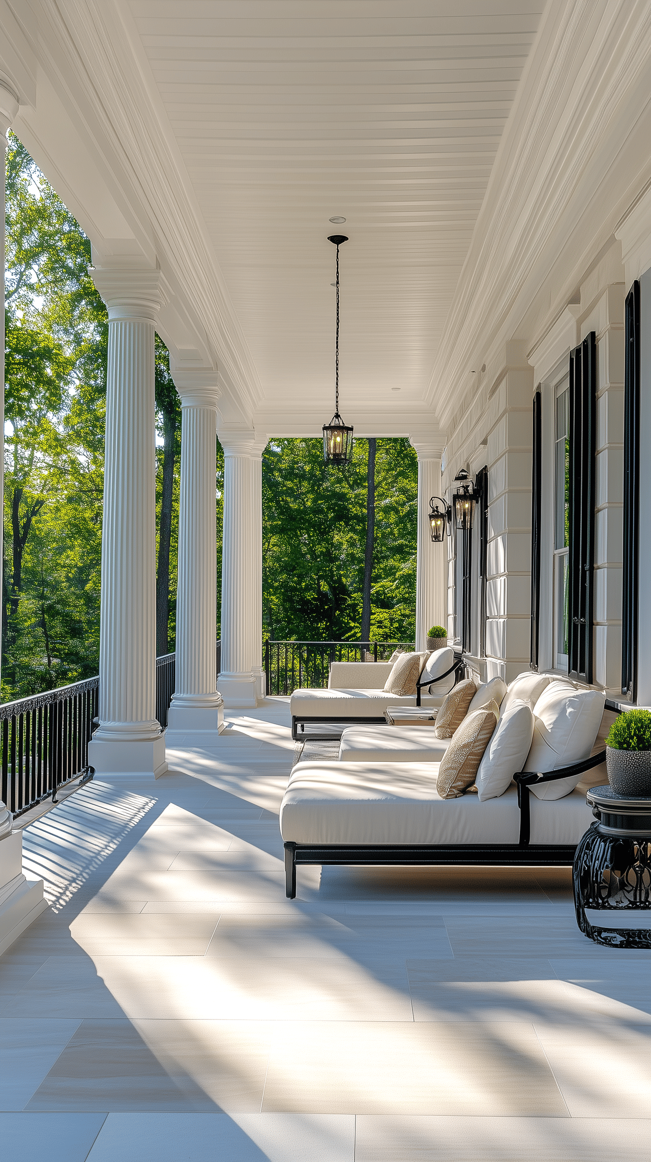 Covered Southern porch with columns, shutters, and outdoor seating
