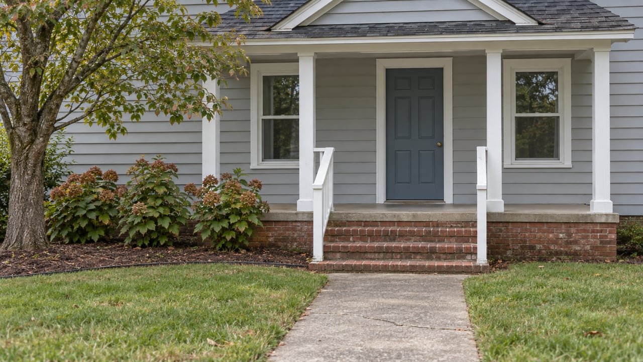 Gray lap-sided cottage with a blue front door, brick porch steps, white wooden handrails and a concrete approach bordered by lawn and oakleaf hydrangeas.