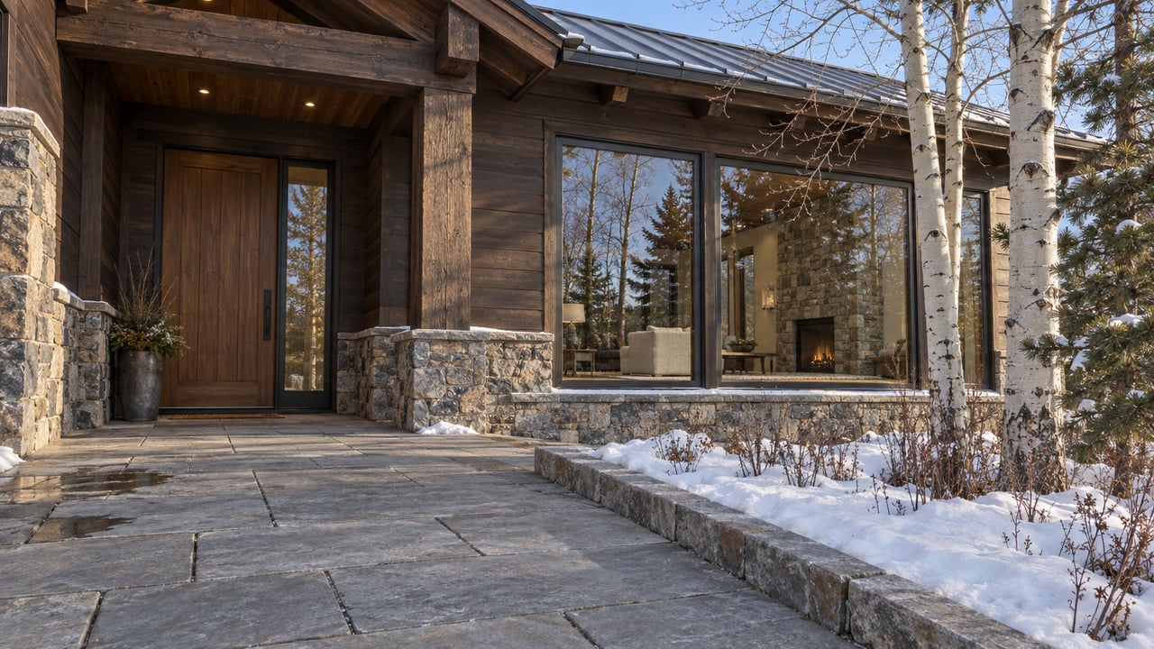 Timber-and-stone home with large enclosed windows, a cleared stone approach and snow beneath two bare aspens.