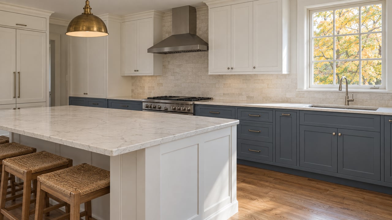Transitional kitchen with a veined quartz island, slate-blue cabinets, and a casement window framing yellowing maple leaves.