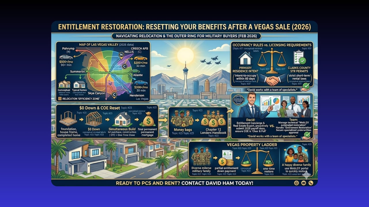 Infographic explaining VA entitlement restoration after a Las Vegas home sale, with relocation guidance and a property ladder.