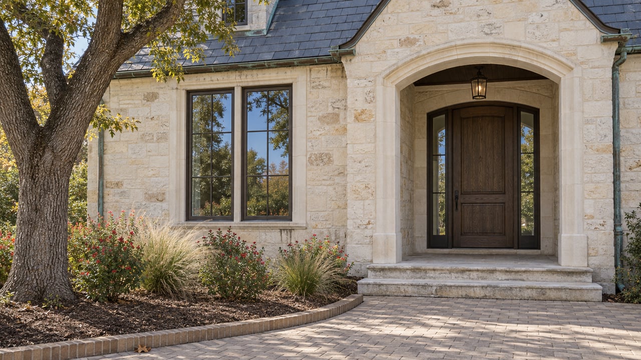 Limestone home with an arched oak entry, bronze-framed windows and a brick approach beside flowering sage and ornamental grasses.