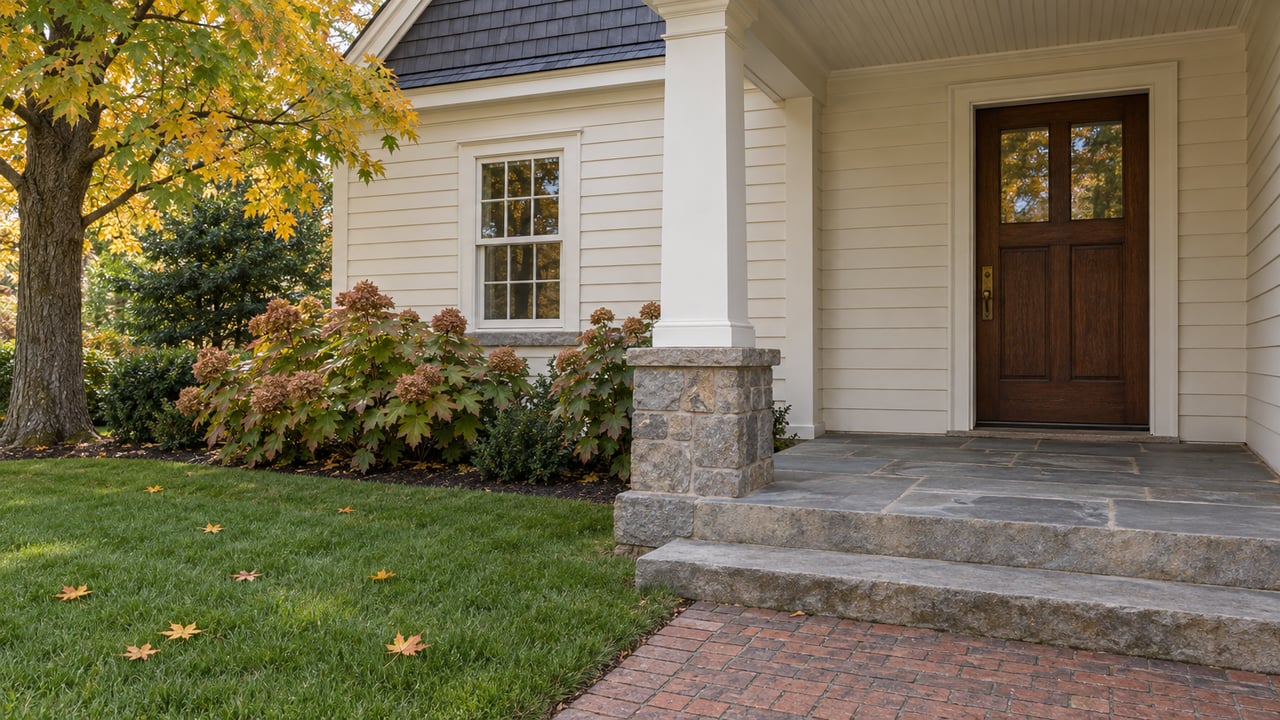 An oak front door and flagstone porch beside ivory clapboards, brick paving and an autumn garden.