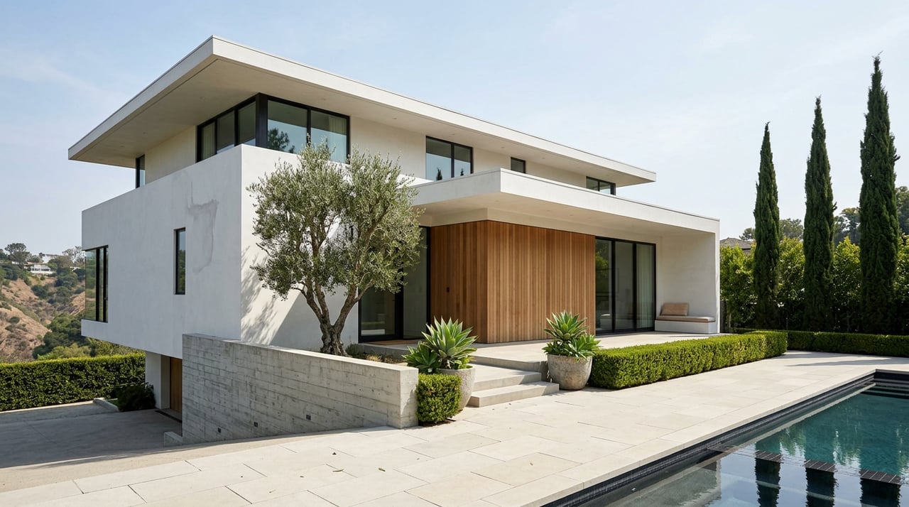 Hillside contemporary home with white stucco, cedar entry, olive tree, limestone motorcourt, and a pool terrace.