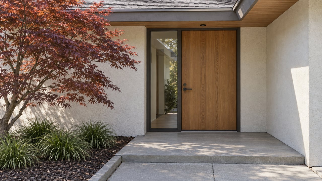 Recessed oak front door and bronze-framed sidelight beneath a broad wood soffit, beside a copper-leaved Japanese maple and concrete entry walk.