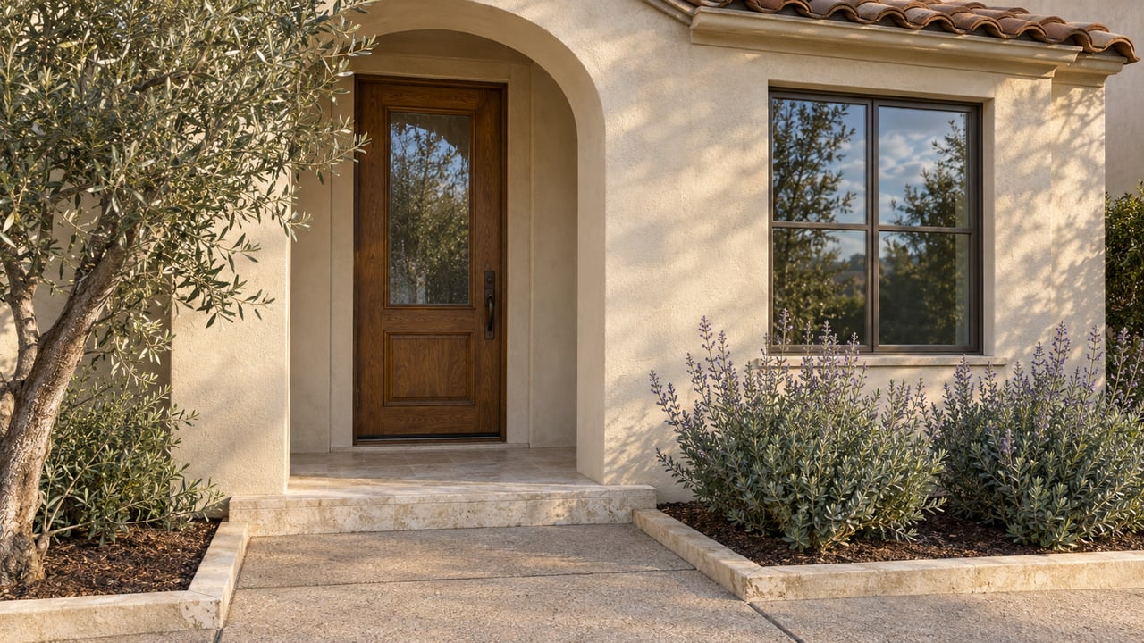 Warm ivory stucco home entry with an oak glazed door, pale limestone step, clay-tile eave and sculptural olive tree.