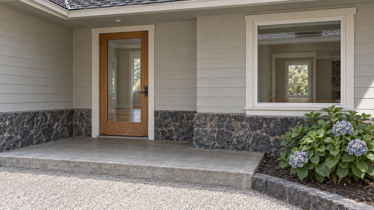 Sunlit covered home entry with a glazed timber door, pale-gray siding, volcanic-stone base and a blue-flowered hydrangea beside a concrete step.