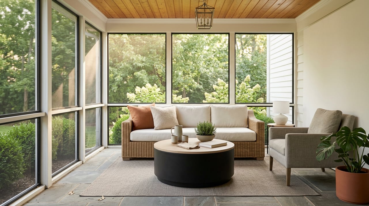 Screened porch with a wicker sofa, round coffee table, terracotta pillow, and cedar ceiling.