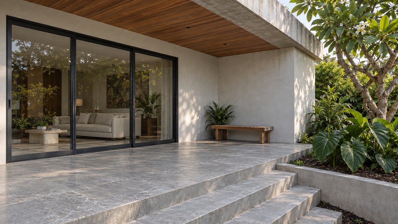 Contemporary pale stucco home with a wood-lined overhang, closed black-framed sliding doors and a limestone terrace stepping down into a planted bed.