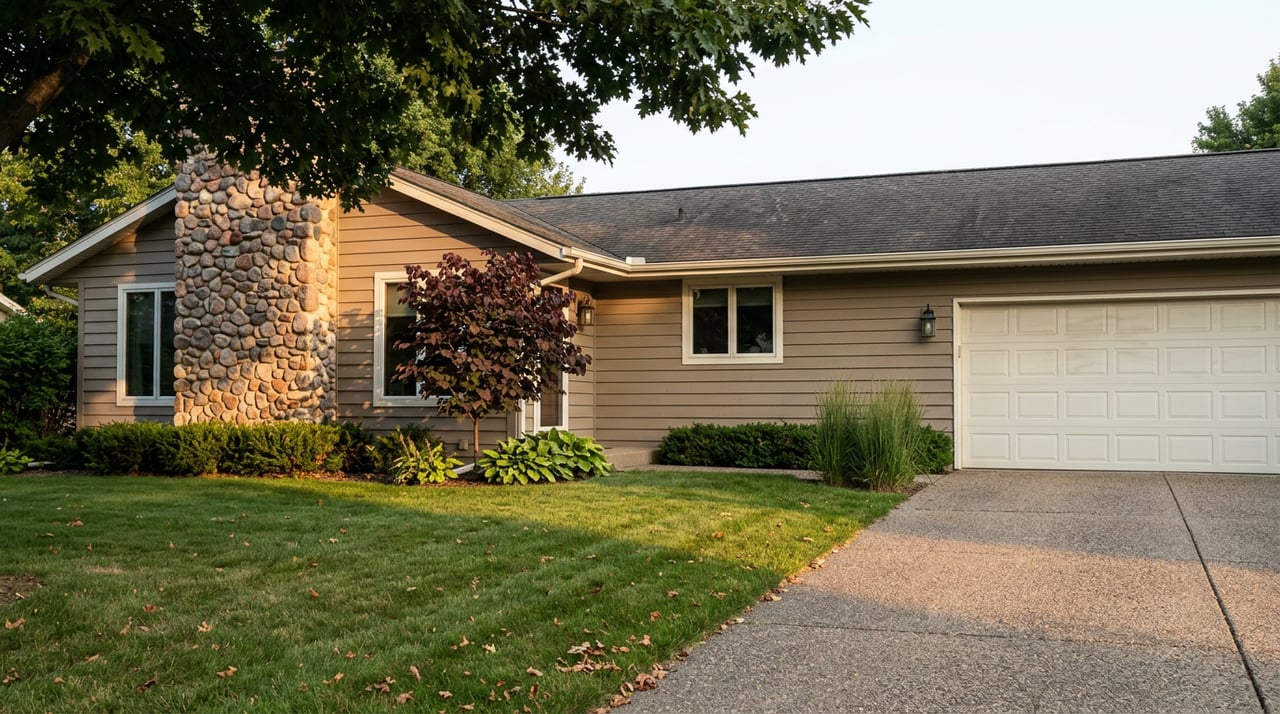 Single-story ranch house with a rounded fieldstone chimney, taupe siding, and paver driveway beyond a broad lawn.
