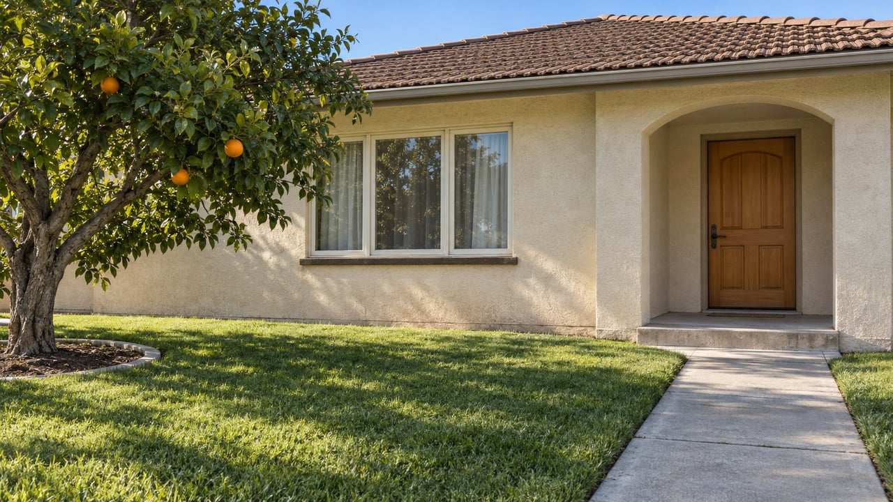 Morning light on an ivory stucco home with a tiled roof, recessed arched entry, front lawn and mature orange tree.