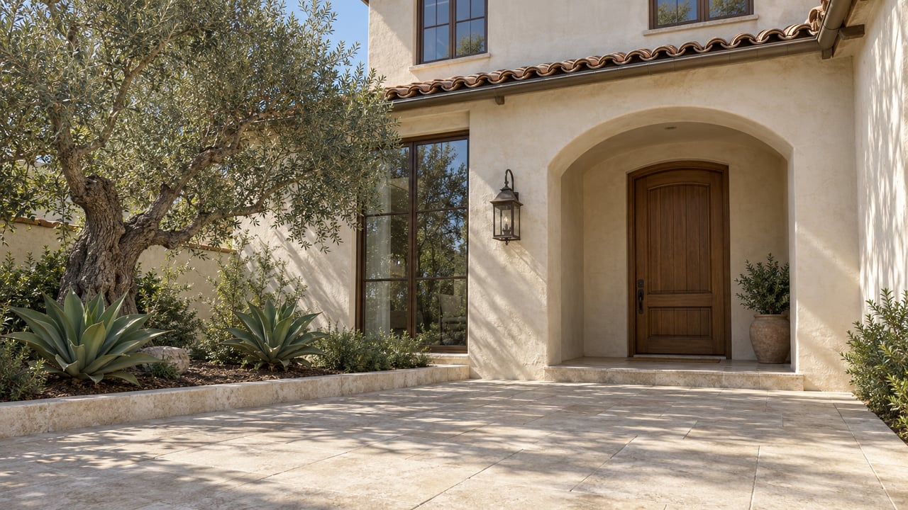 Sunlit ivory stucco home with a terracotta roof, recessed arched entry, limestone terrace and sculptural olive tree.