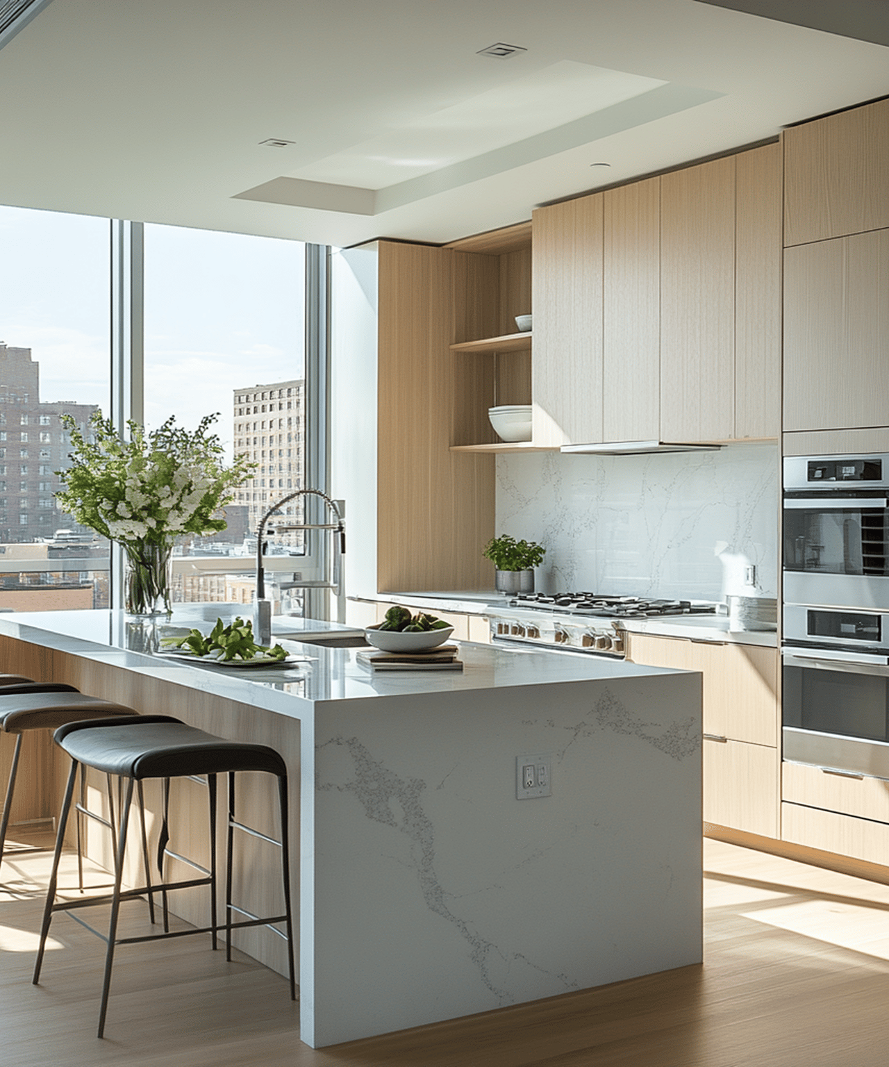 Modern kitchen with a marble island, wood cabinetry, and floor-to-ceiling city-view windows.