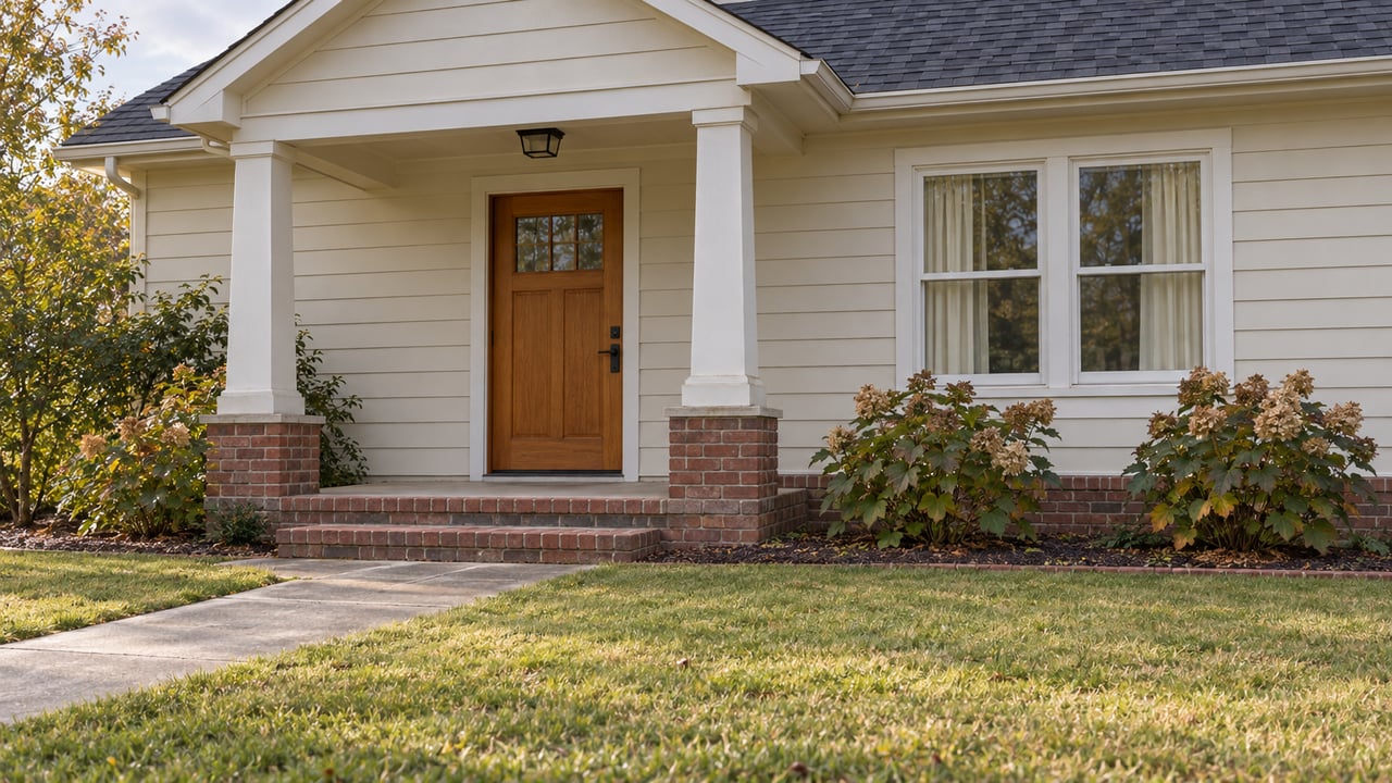 Ivory-sided home with a sheltered wood front door, brick steps and hydrangeas beside an autumn lawn.