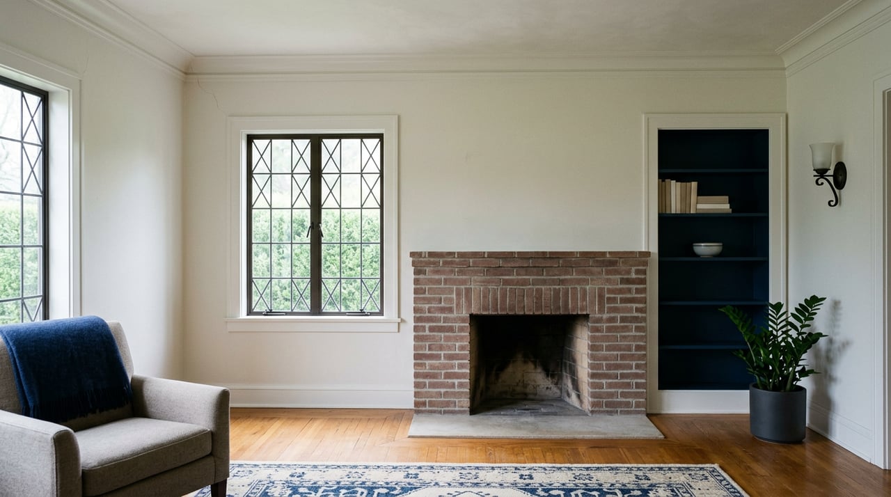 Brick fireplace between a leaded casement window and a built-in bookcase with navy shelves.