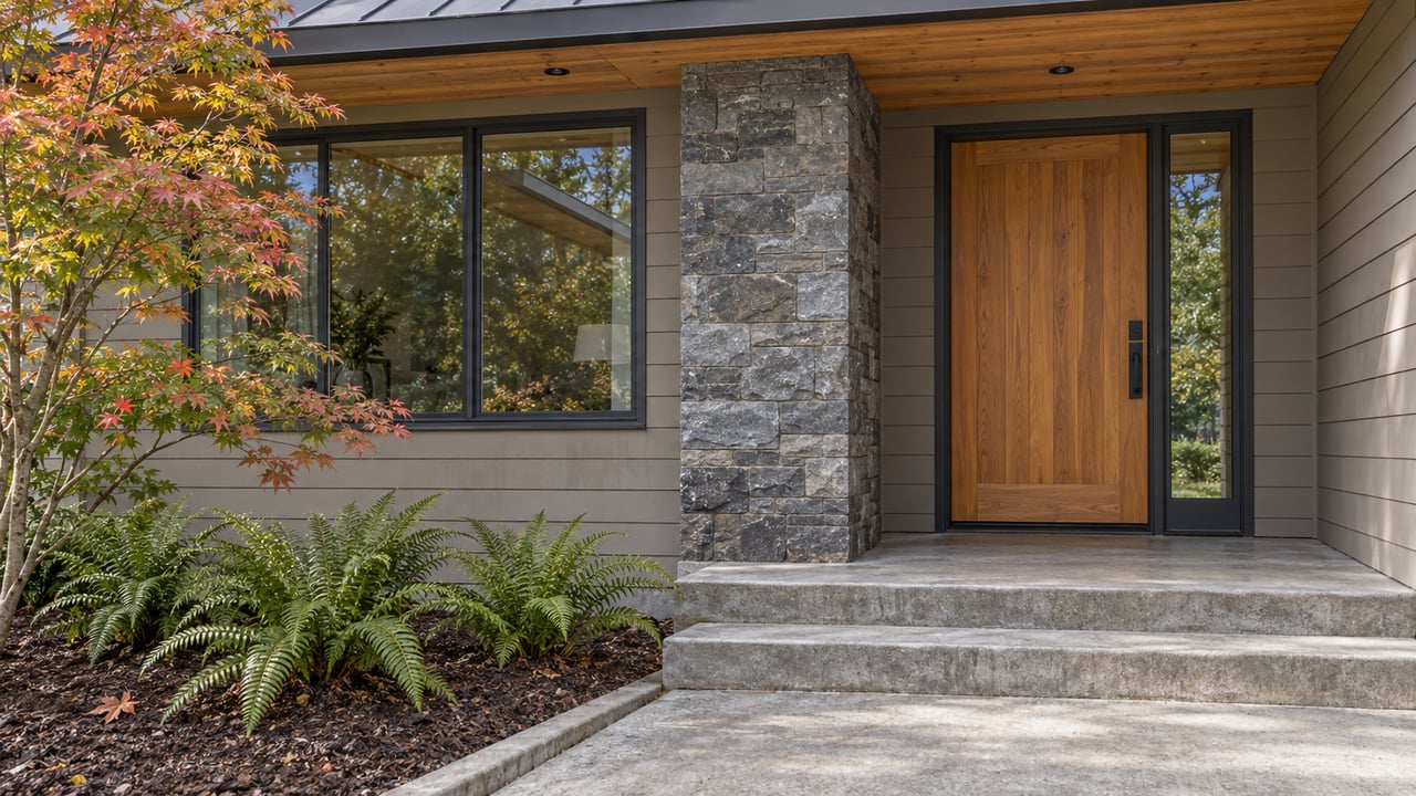Covered home entrance with a cedar door, gray stone pier, broad window and vine maple beside a concrete approach.
