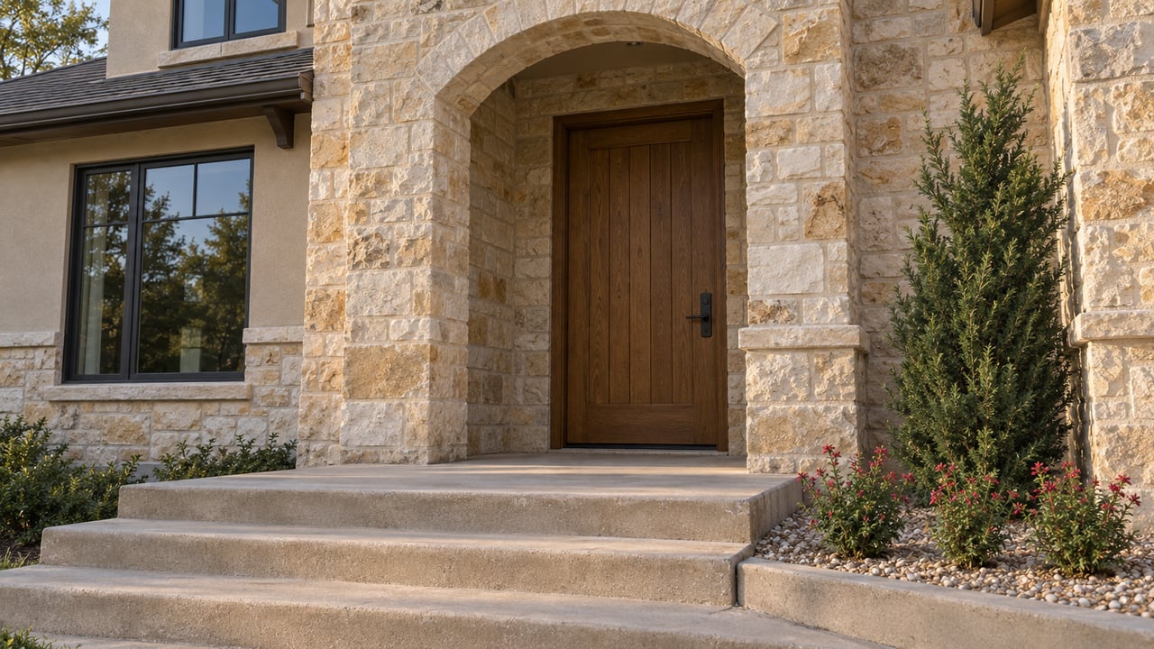 Warm afternoon light on a limestone home's arched entry, wood door, broad concrete steps and a narrow evergreen beside flowering sage.