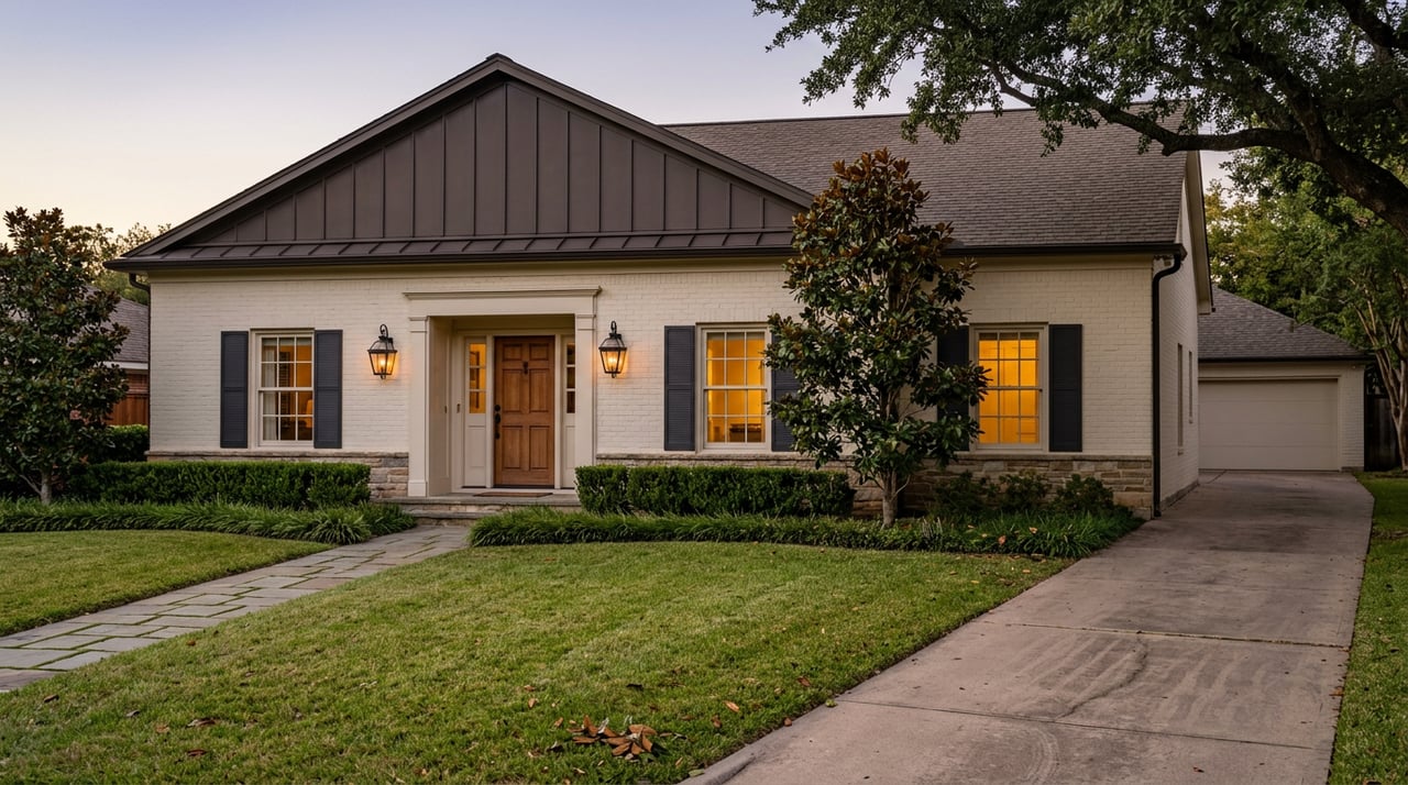 Two-story ivory brick home at dusk, with glowing entry windows, a magnolia by the portico, and a broad front lawn.