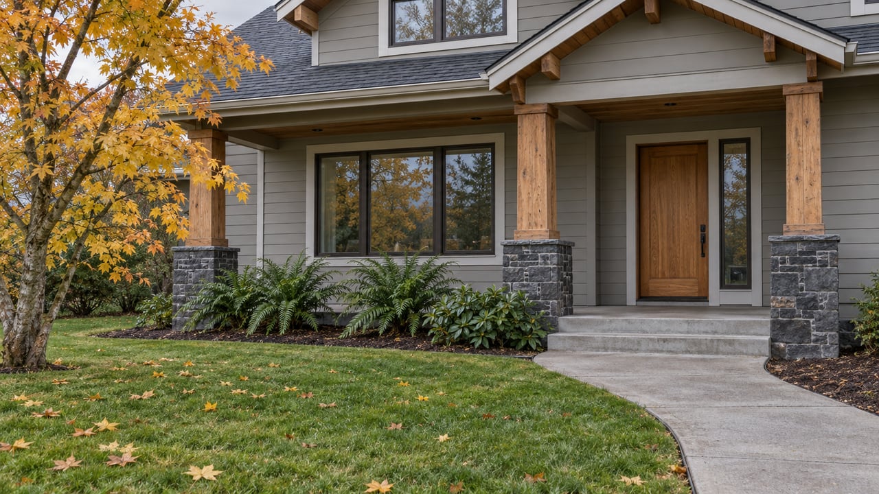 Gabled gray-sided home with a cedar porch, basalt piers and autumn vine maple beside a deep front lawn.