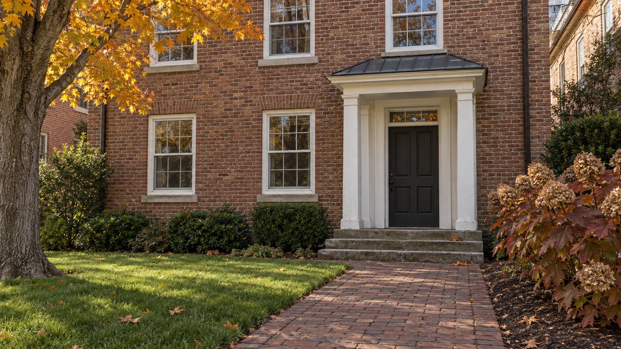 Traditional brick home with white sash windows, a small entrance portico and a worn brick walk through an autumn front garden.