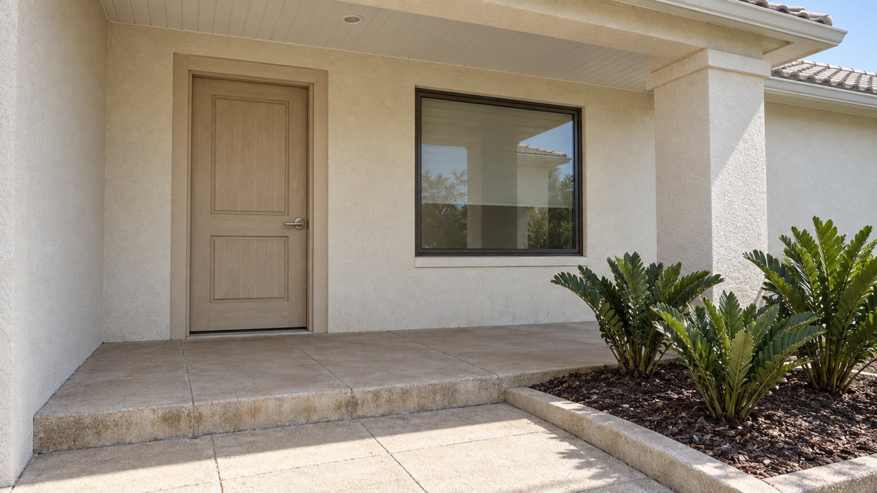 Close view of an ivory stucco home's covered entry, pale wood-toned door, bronze-framed window and sand-colored paver step beside three coontie plants.