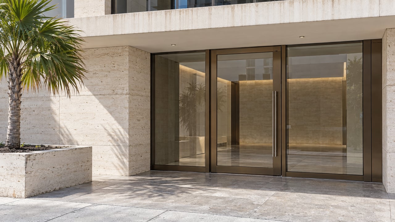 A recessed glass residential entrance with bronze framing, ivory stone walls, a cream concrete canopy, and a single thatch palm in a raised limestone planter.