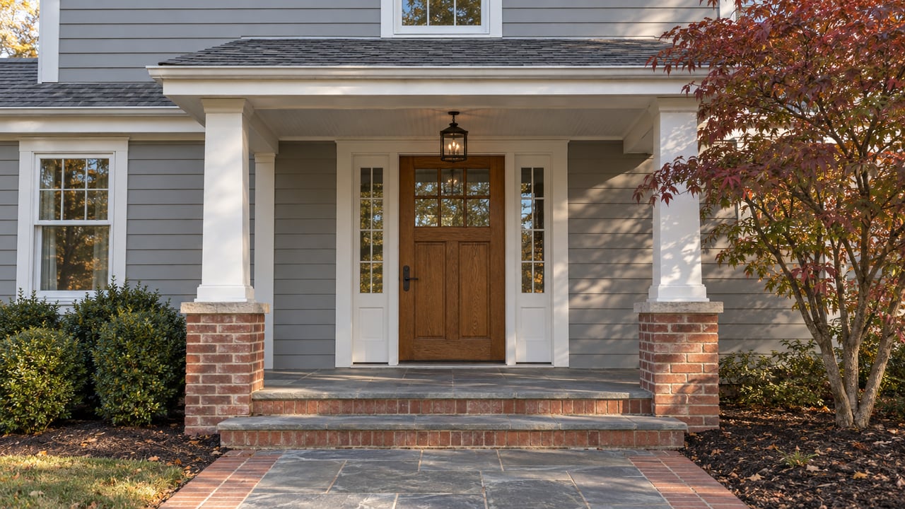 Covered home entry with an oak door, white columns on brick piers, and a slate approach beneath autumn leaves.