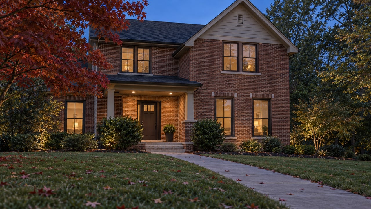 Two-story red-brick house at dusk, with warm glowing windows, a concrete walk, and crimson leaves.