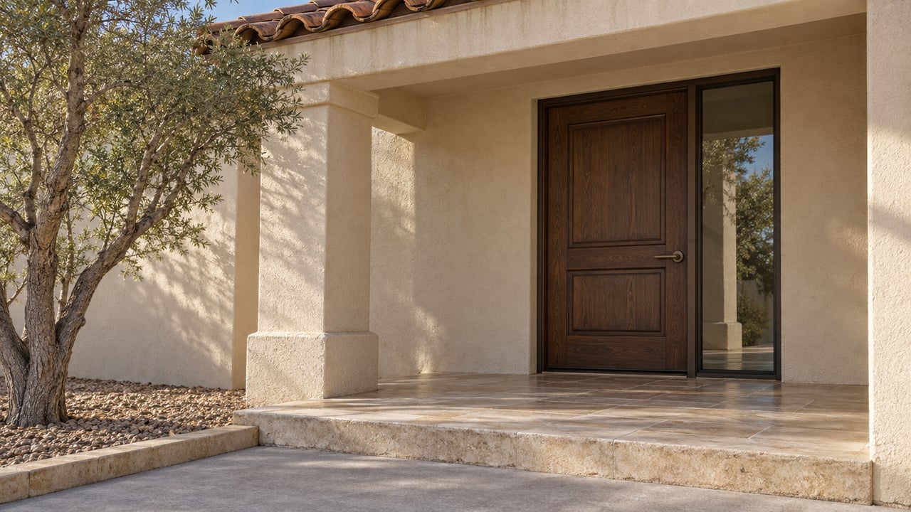 Sunlit pale stucco entry with a dark oak door, bronze-framed sidelight, limestone step and desert ironwood beside the approach.