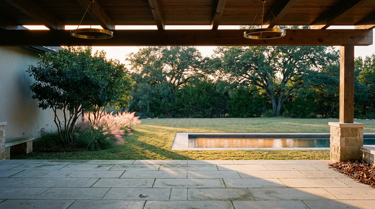 Covered patio with cedar beams overlooks a reflecting pool, lawn, and mature live oaks.