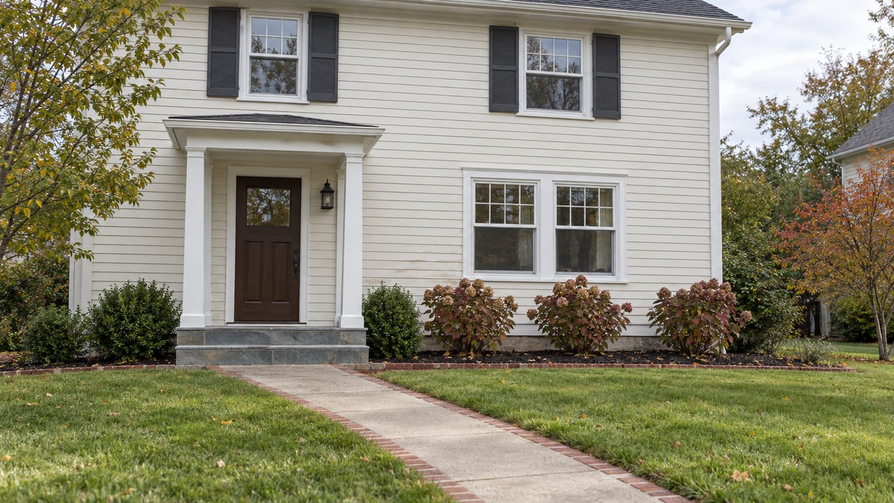 Cream clapboard house with dark shutters, a sheltered timber front door, autumn oakleaf hydrangeas and a brick-edged front walk.