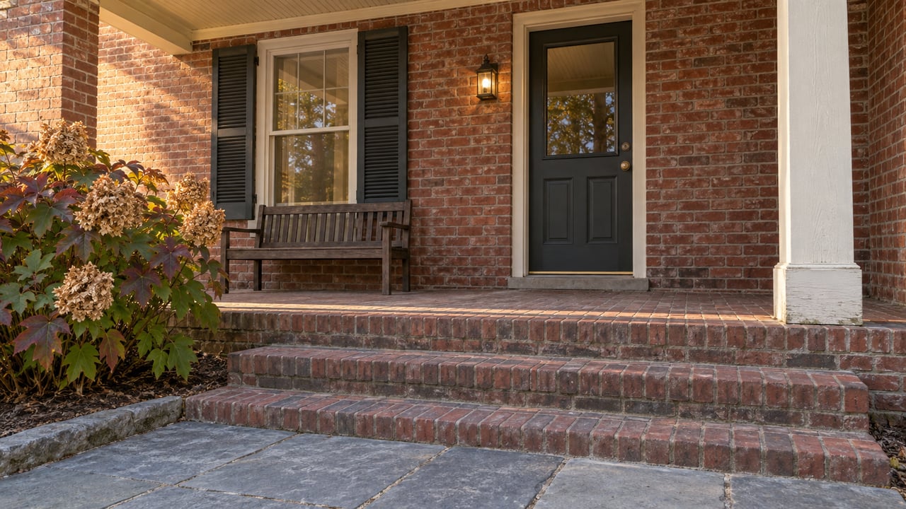 Early evening light across a red-brick home's covered porch, stone steps, dark front door and autumn oakleaf hydrangea.