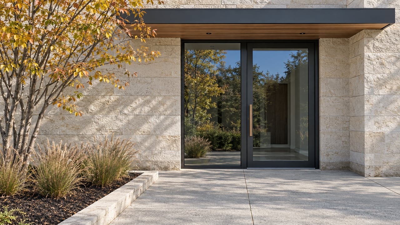 Contemporary stone entrance with charcoal-framed glazing, a cedar-lined canopy and autumn serviceberry beside a raised planting bed.