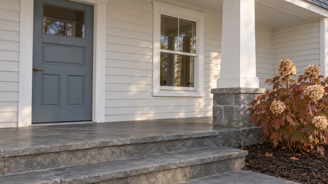 A blue-gray front door and white clapboard porch above worn stone steps, beside an oakleaf hydrangea in autumn color.