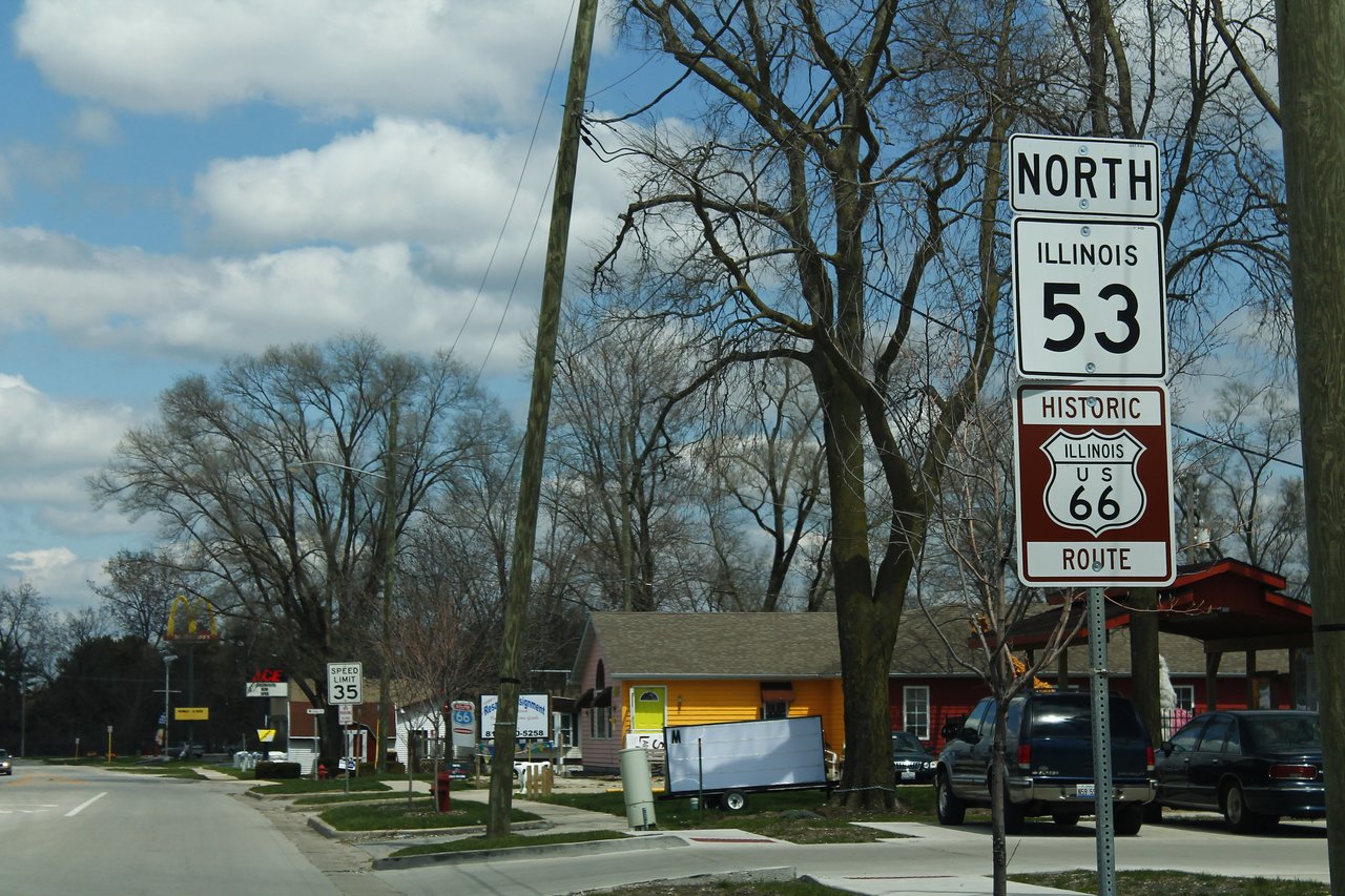 North Illinois Route 53 and Historic Illinois U.S. 66 Route signs beside the road in Braidwood, Illinois