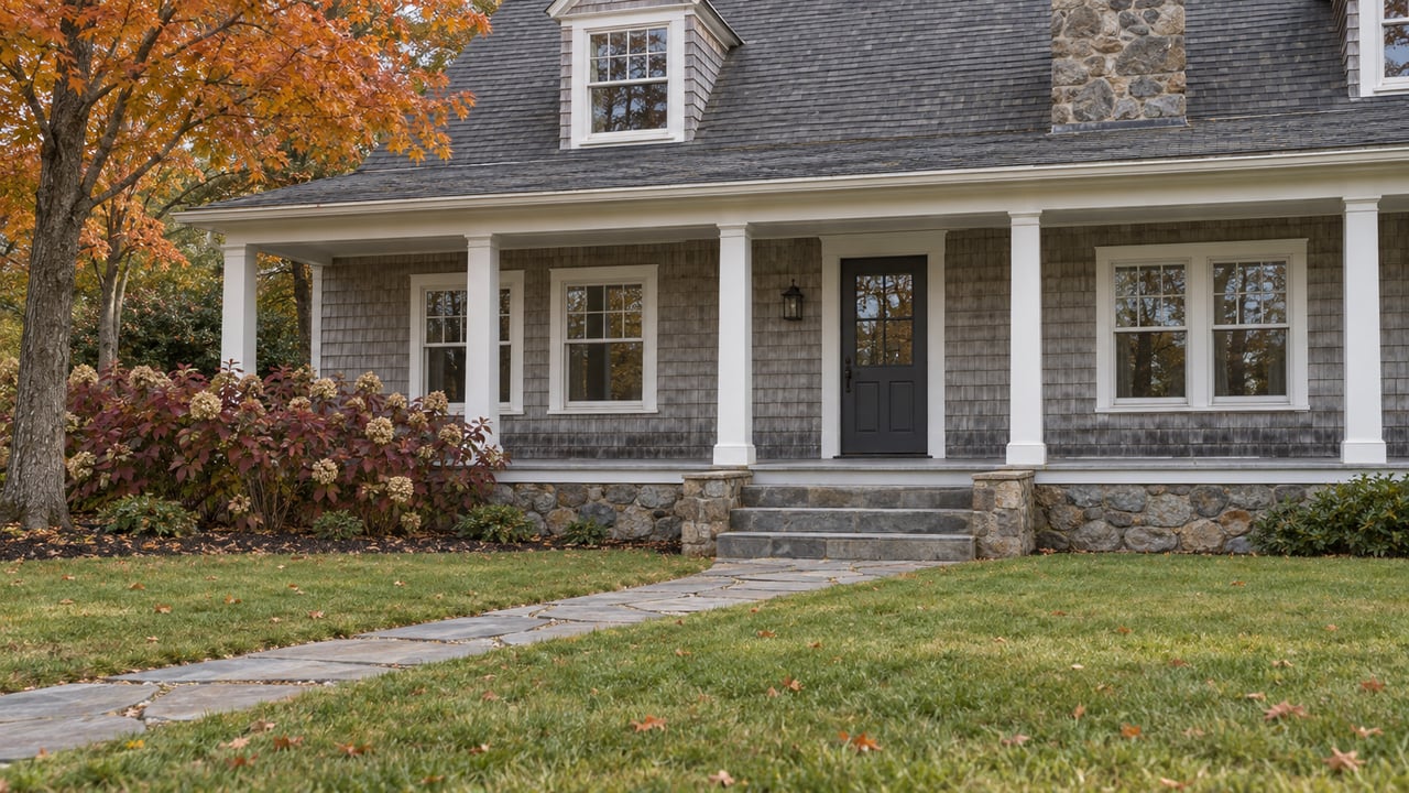 Weathered gray shingle home with a deep white-columned porch, bluestone approach, broad autumn lawn, and copper-colored maple leaves.