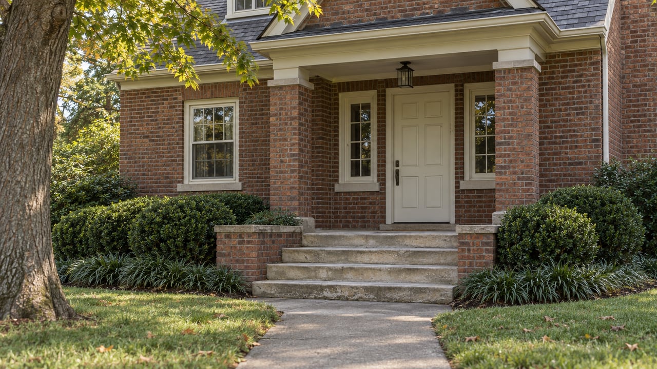 Brick house entry with an off-white door, limestone steps, clipped shrubs, and an oak tree.