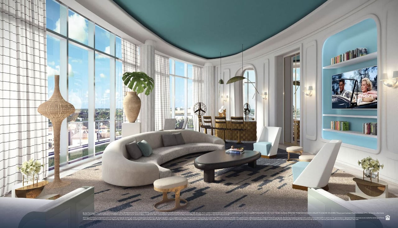 Forté on Flagler library with curved sofa and built-in shelving, rendering