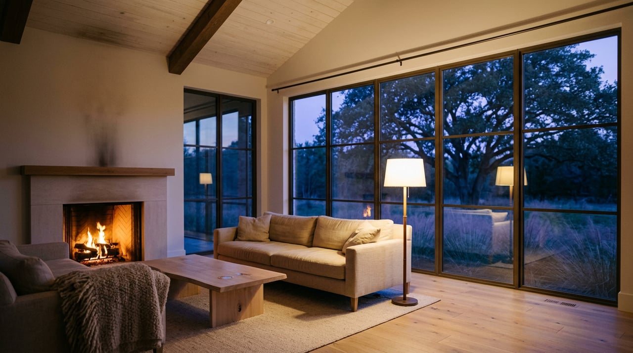 Great room with a limestone fireplace, linen sofa, and dusk-blue windows overlooking an oak tree.