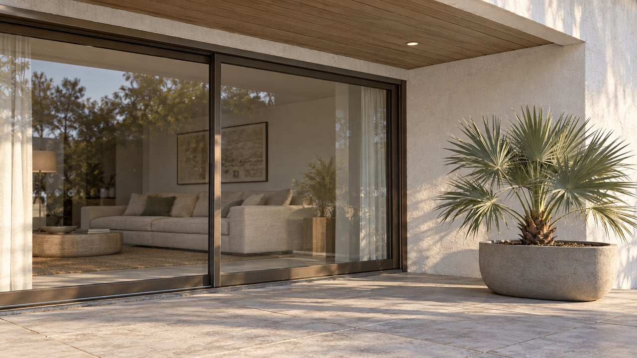 Sunlight crosses pale terrace paving beside bronze-framed glass doors and a silver-green fan palm in a concrete planter.