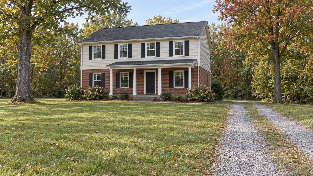 Brick-and-ivory-sided two-story home beyond a broad autumn lawn, with a gravel drive and mature oak and maple trees.