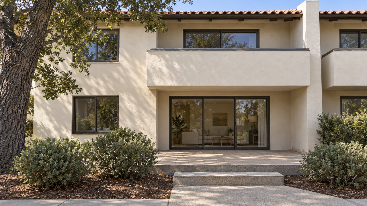 Sunlit stucco condominium exterior with terracotta eaves, bronze-framed windows, a raised paved patio, and mature oak planting.