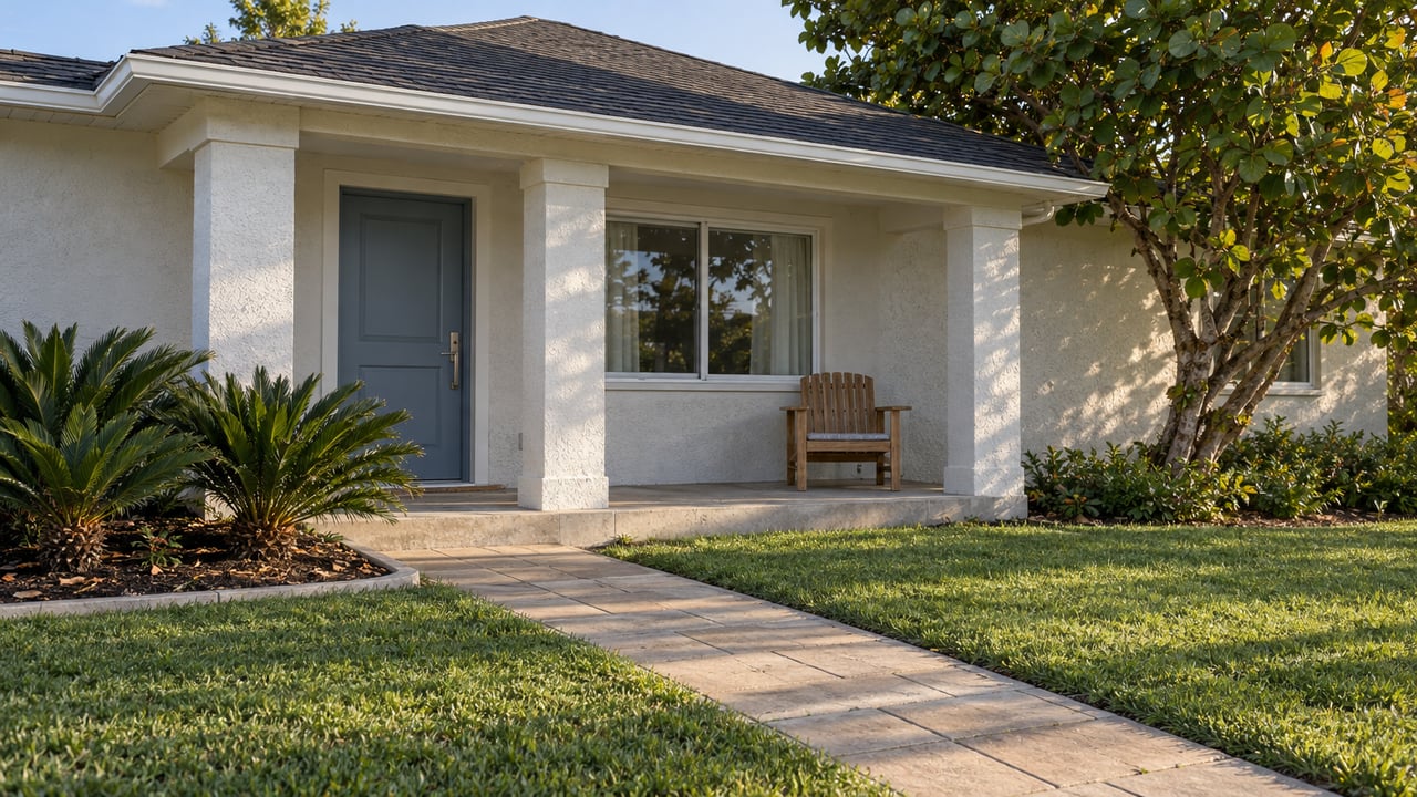 Afternoon light on an off-white single-story home with a blue entry door, paver walk, broad front lawn and a sculptural sea grape tree.
