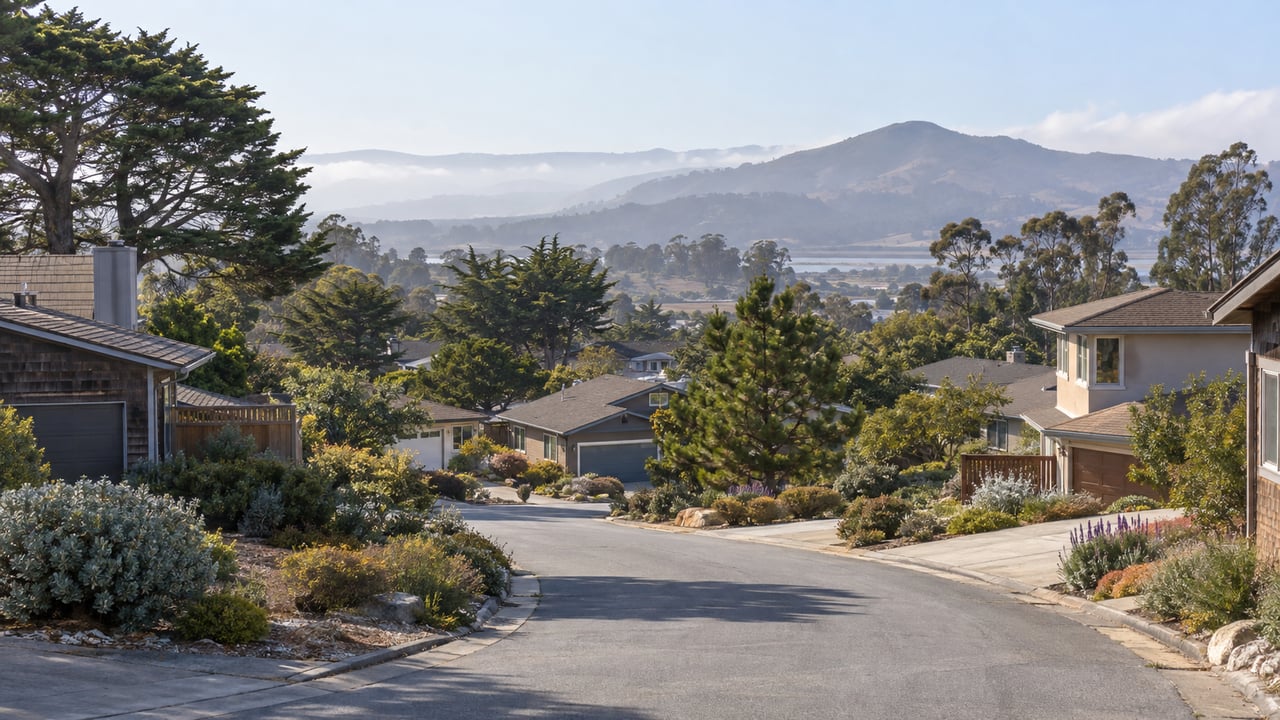 Established Los Osos residential neighborhood with Central Coast homes, mature coastal landscaping, rolling hills, and a natural marine-influenced setting.