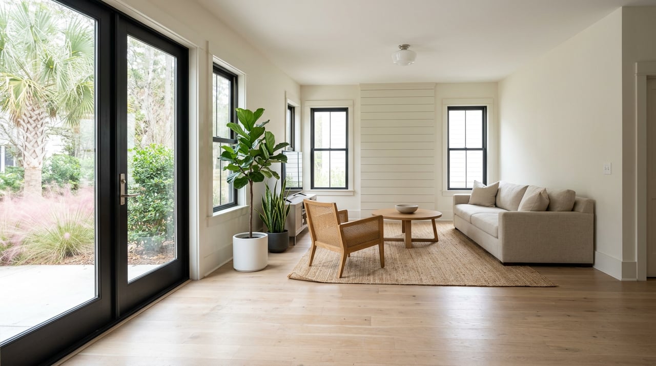 Decluttered living room with natural light from a window.
