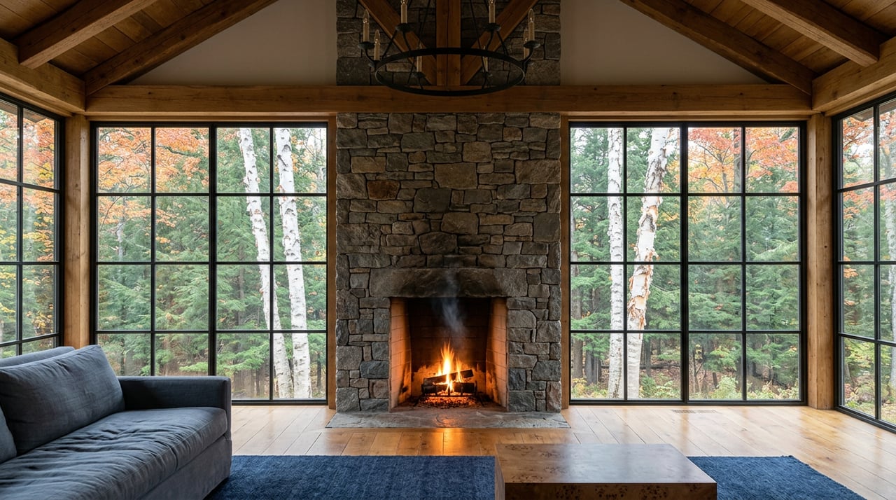 Stone fireplace between tall windows overlooking autumn trees, with a lit fire, timber beams, and slate sofa.