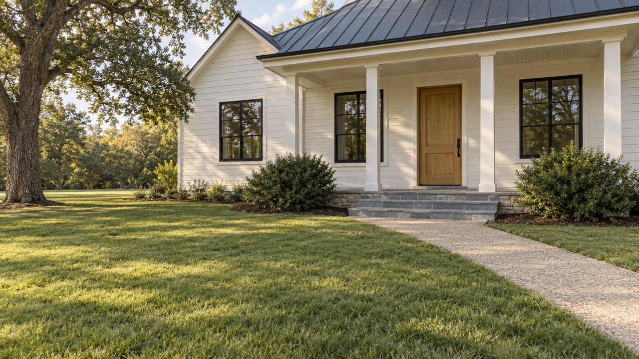 Warm-white house with oak door, three bluestone steps, deep lawn, and a broad-canopied tree at left.