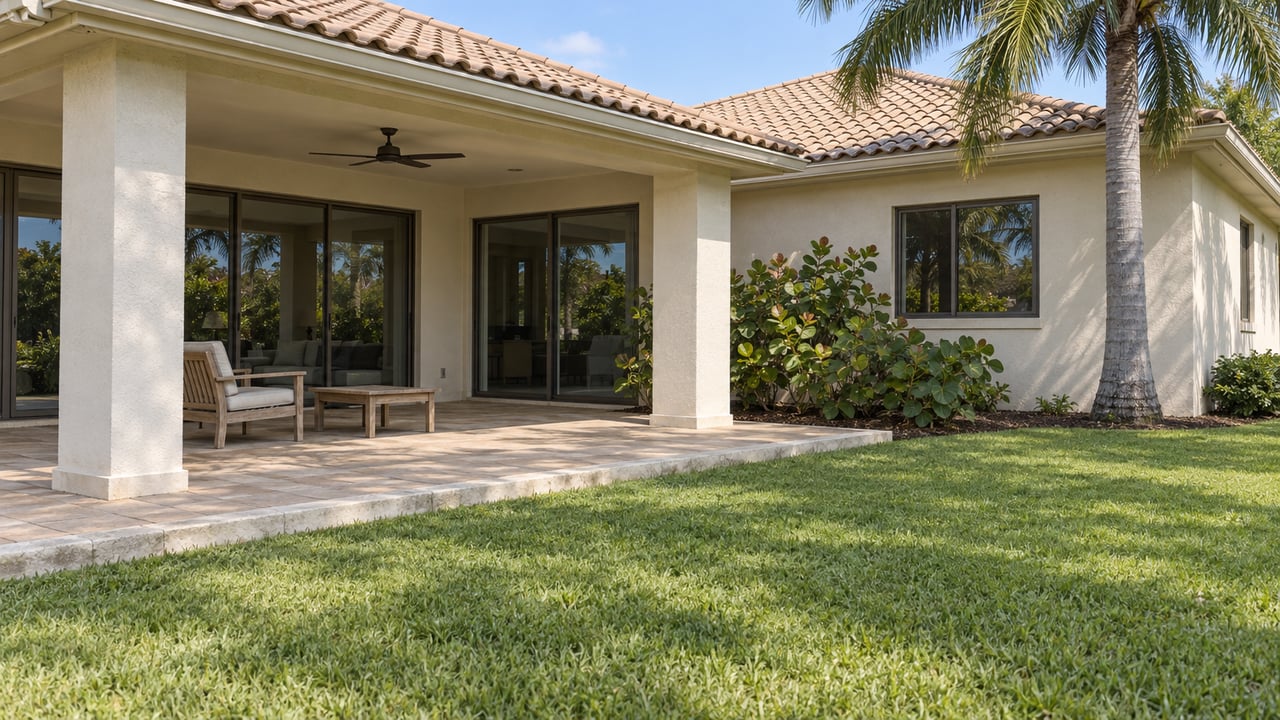 A sunlit stucco home's covered rear terrace, bronze-framed sliding doors, sand-colored pavers, and lawn beneath a mature palm.